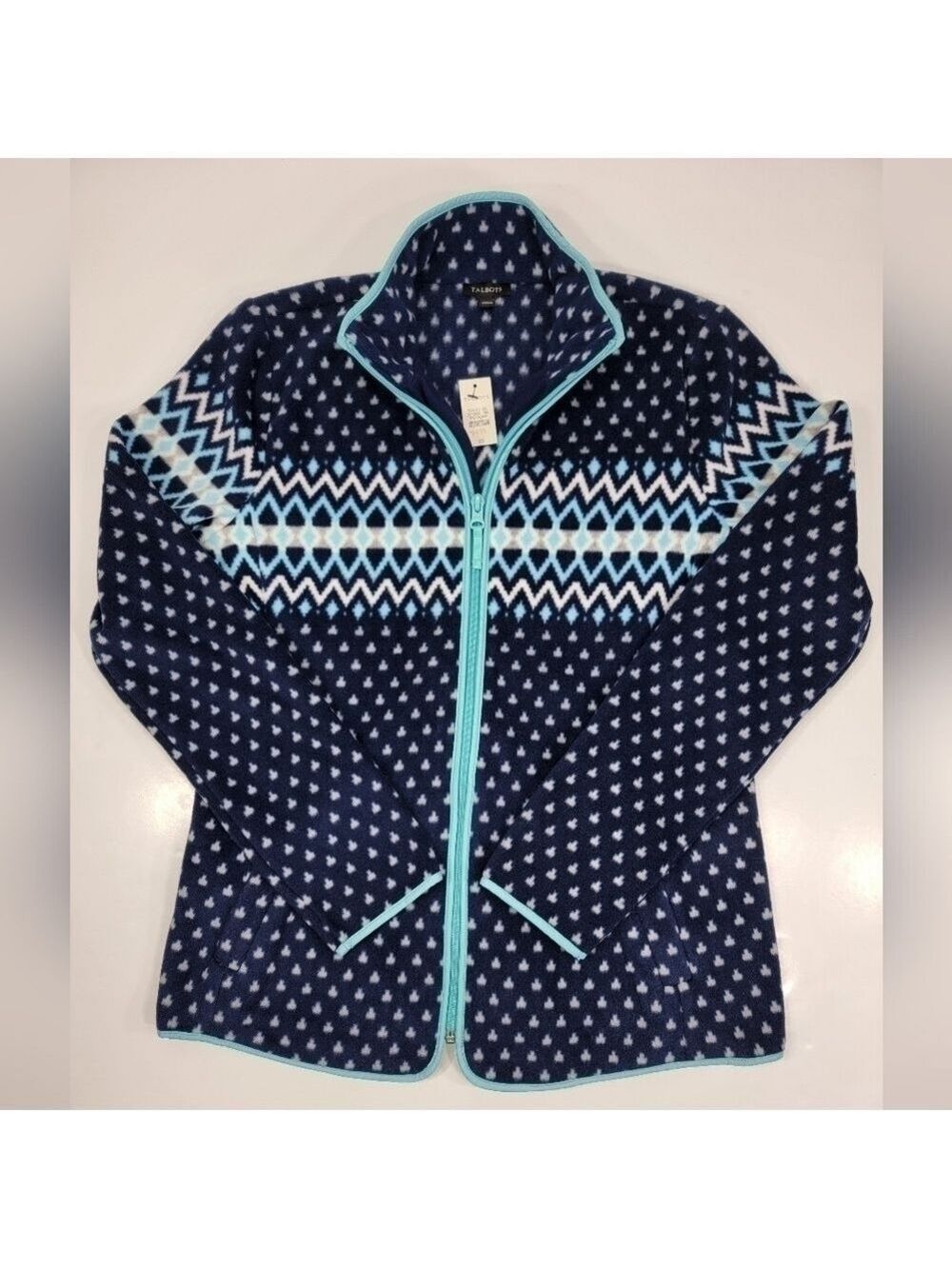 NEW Talbots Fleece Jacket Womens XS Blue Nordic Fair Isle Full Zip Pockets NWT